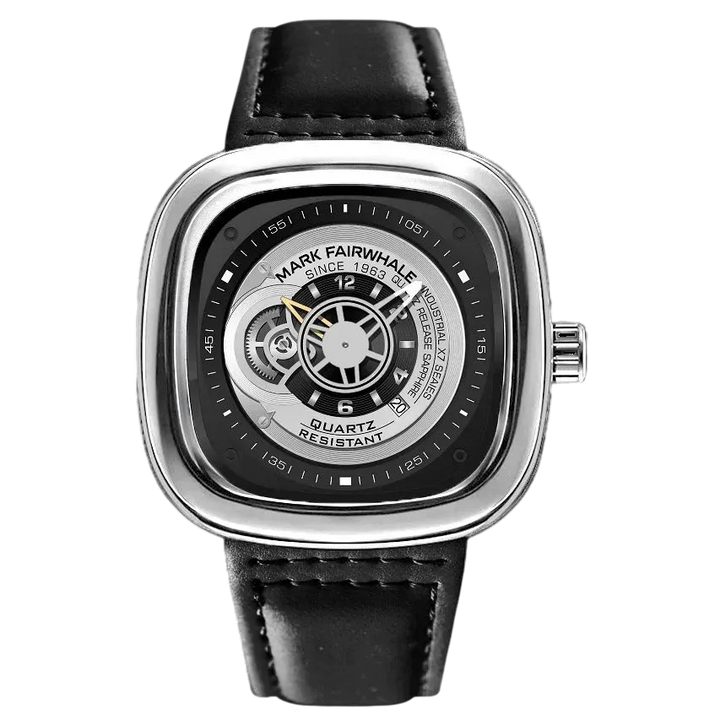 Watch with black leather strap and silver case on a white background