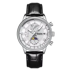 Watch with black leather strap and silver case on a white background