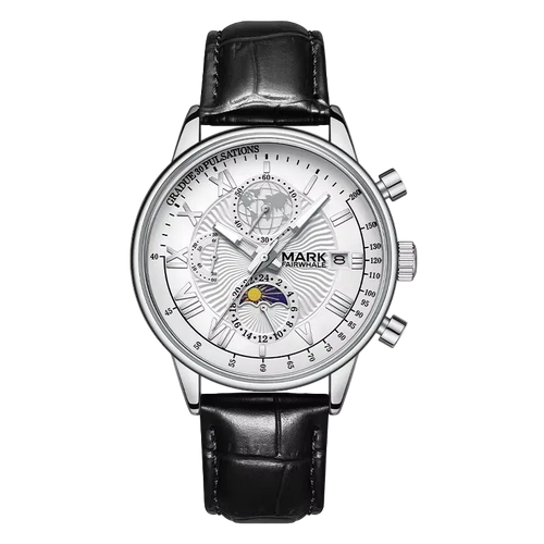 Watch with black leather strap and silver case on a white background