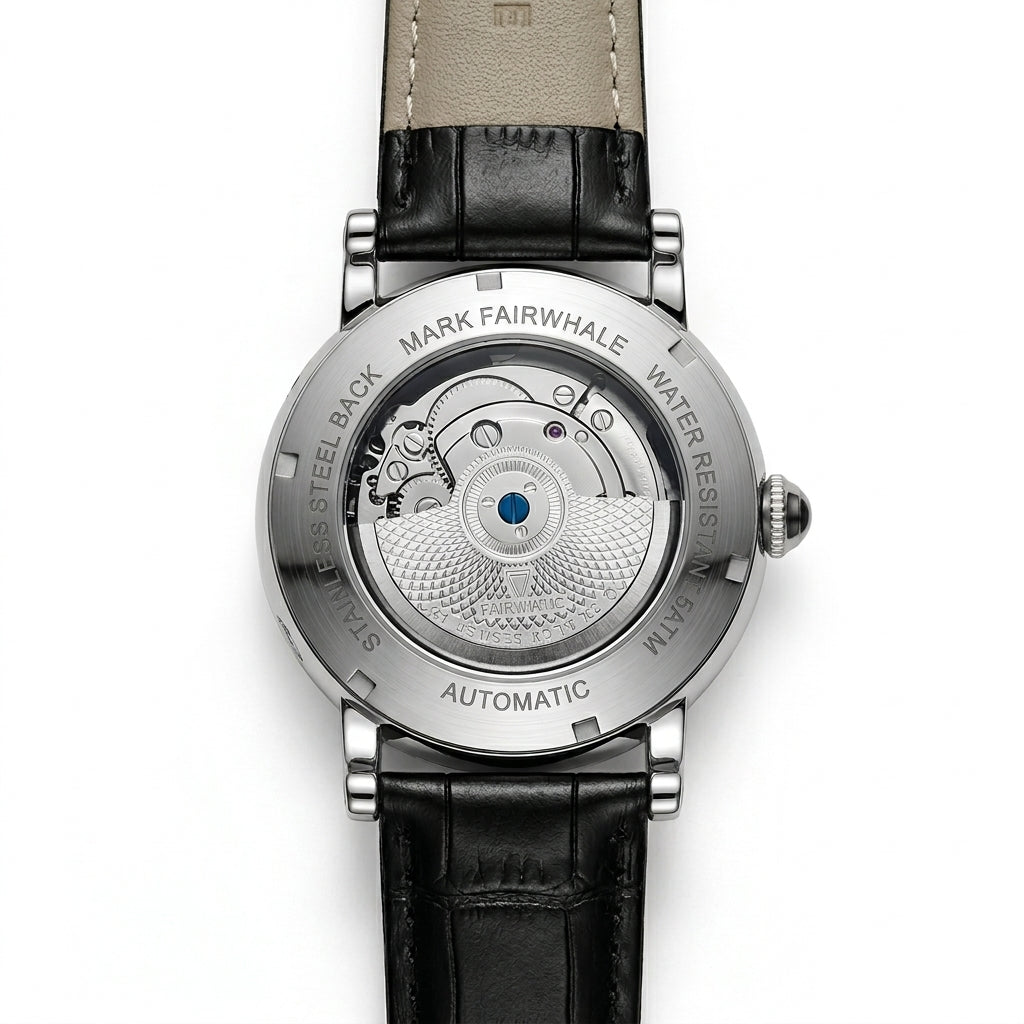 Watch with black leather strap and visible mechanical components on a white background