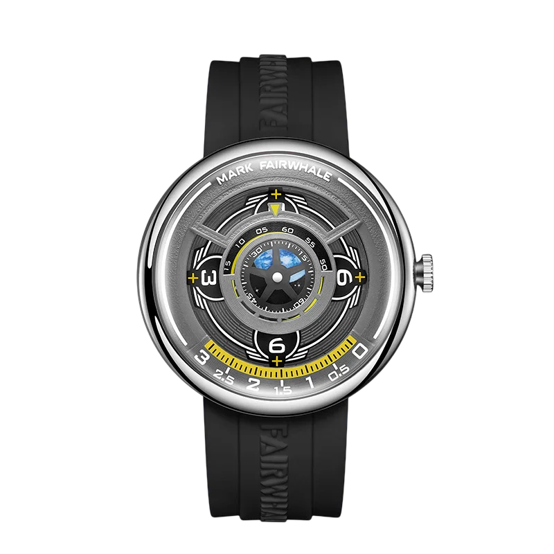Watch with black strap and detailed face on a white background