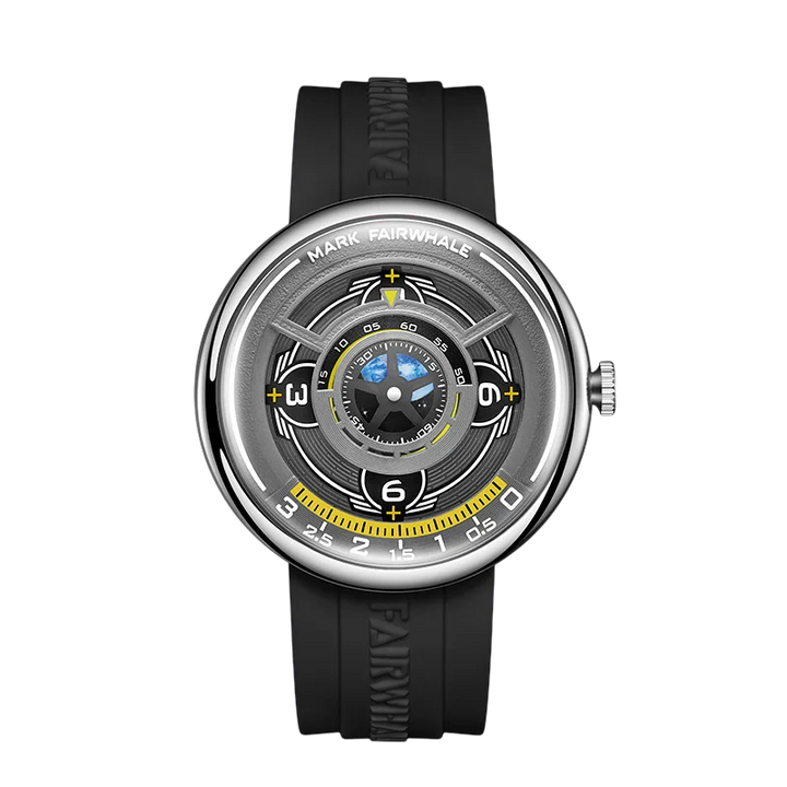 Watch with black strap and detailed face on a white background