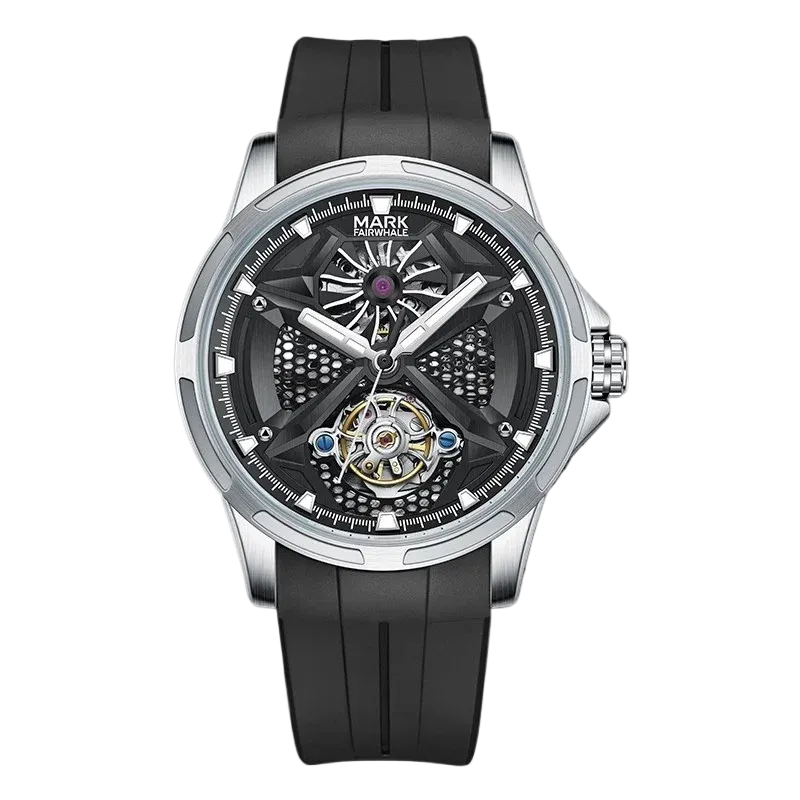 Watch with black strap and detailed face on a white background