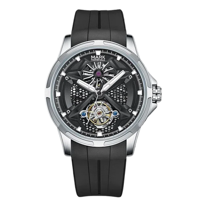 Watch with black strap and detailed face on a white background