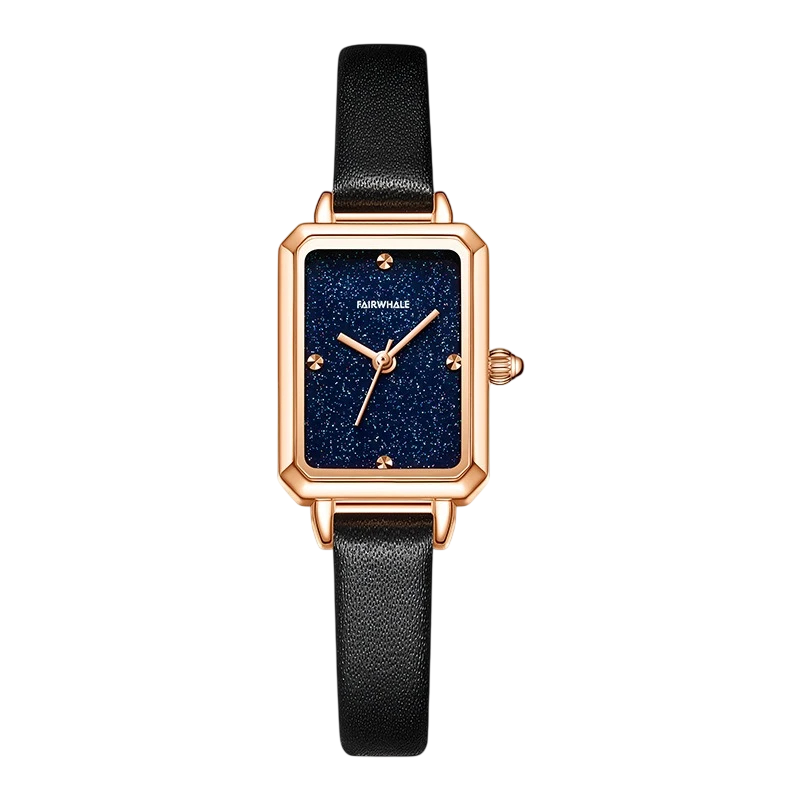 Watch with black strap and rose gold case on a white background