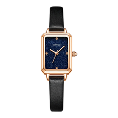 Watch with black strap and rose gold case on a white background