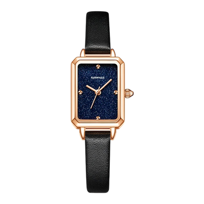 Watch with black strap and rose gold case on a white background
