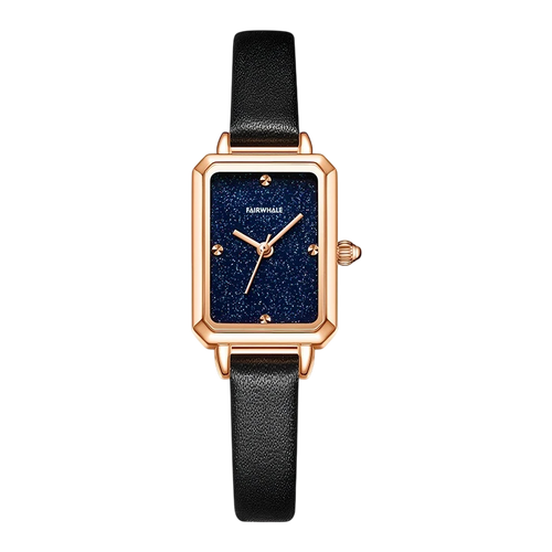 Watch with black strap and rose gold case on a white background