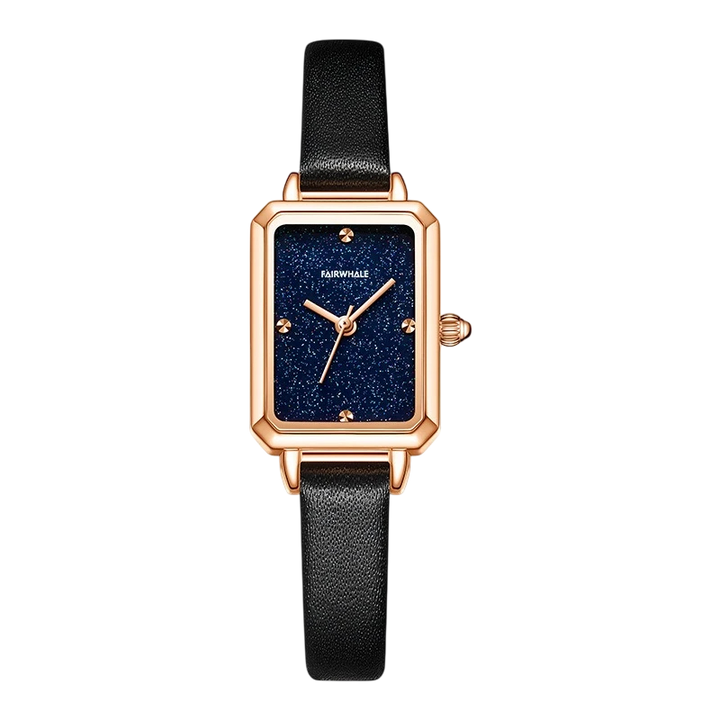 Watch with black strap and rose gold case on a white background