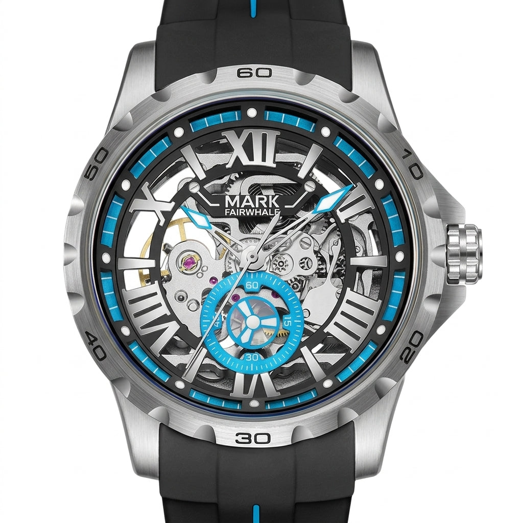 Watch with black strap and silver case on a white background