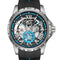 Watch with black strap and silver case on a white background