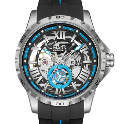 Watch with black strap and silver case on a white background