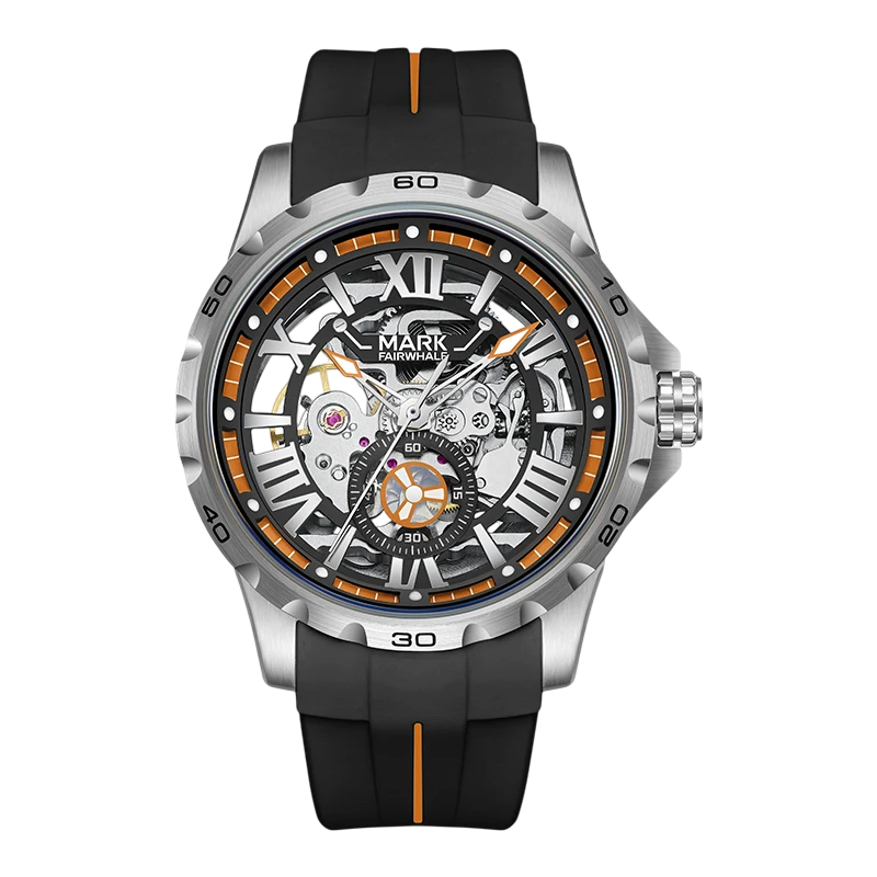 Watch with black strap and silver case on a white background