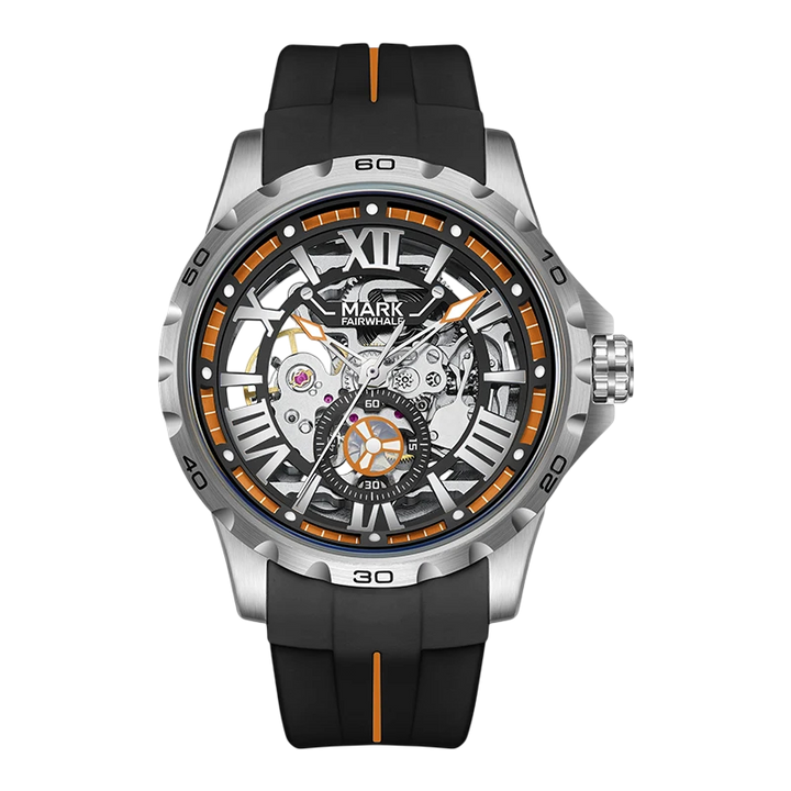 Watch with black strap and silver case on a white background