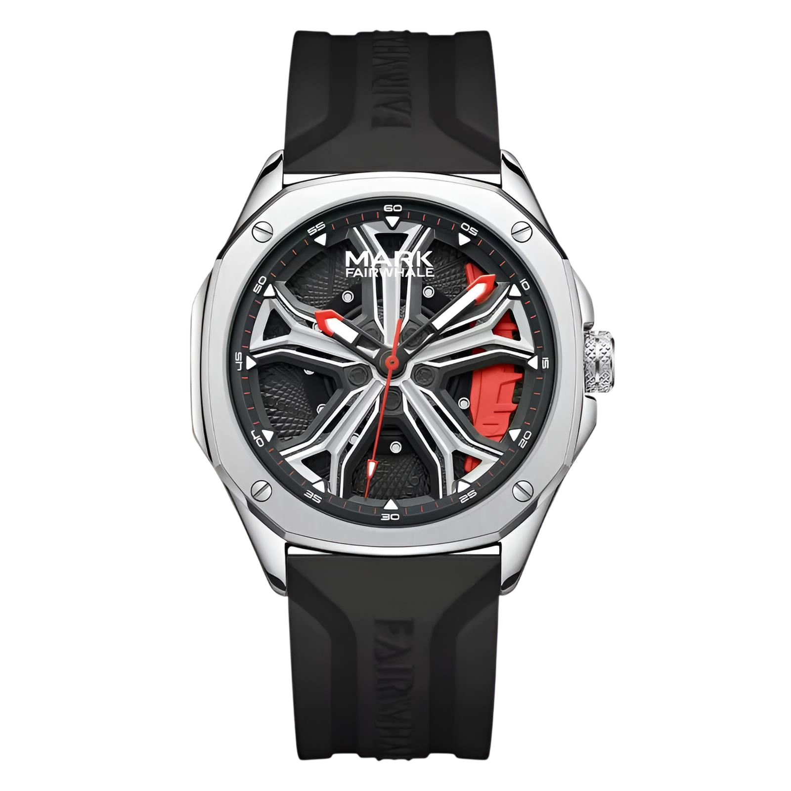 Watch with black strap and silver case on a white background