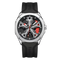 Watch with black strap and silver case on a white background