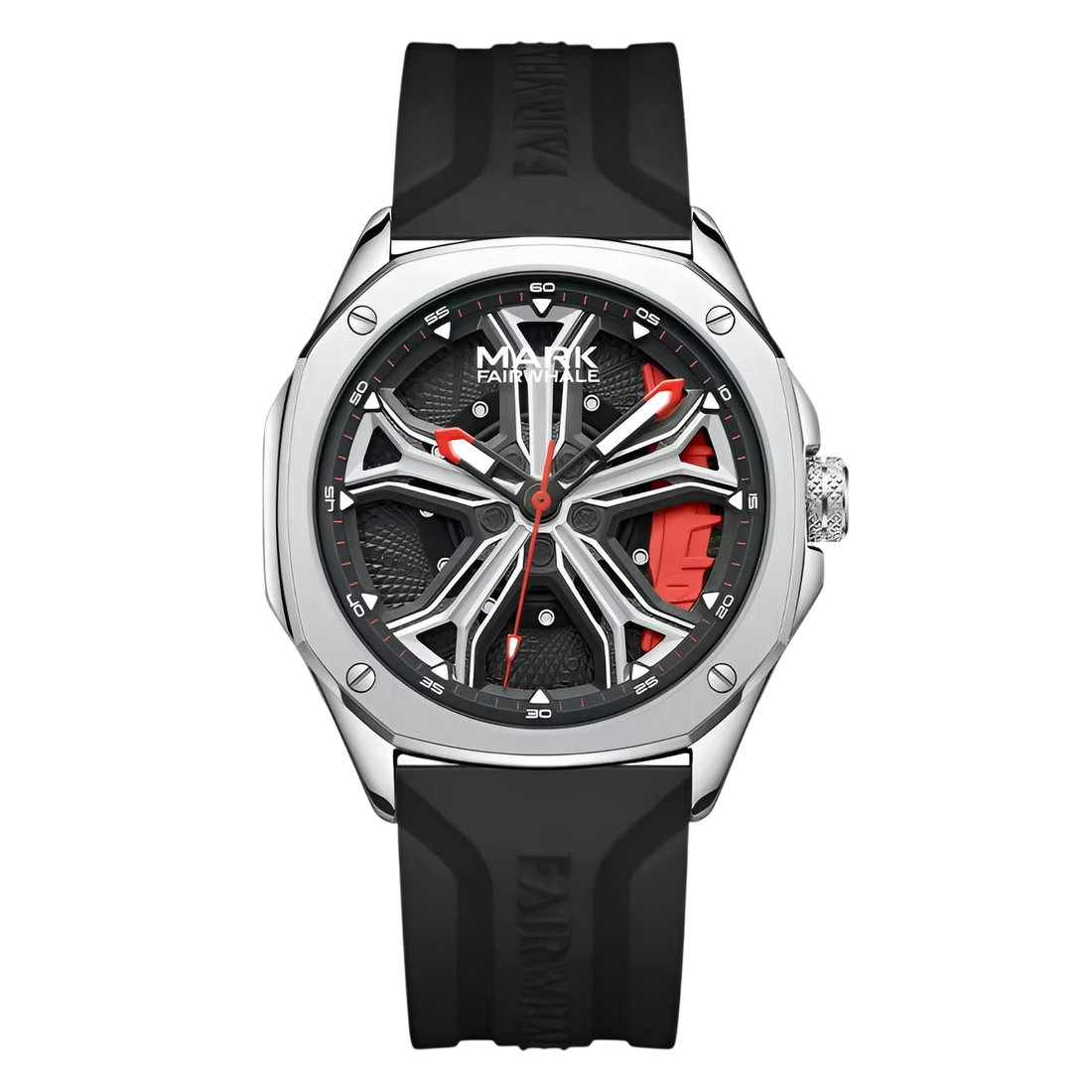 Watch with black strap and silver case on a white background