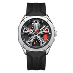 Watch with black strap and silver case on a white background