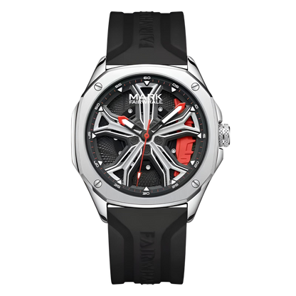 Watch with black strap and silver case on a white background