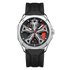 Watch with black strap and silver case on a white background