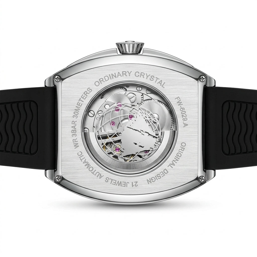 Watch with black strap and silver case on a white background