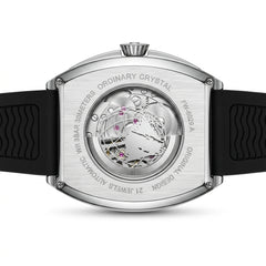 Watch with black strap and silver case on a white background