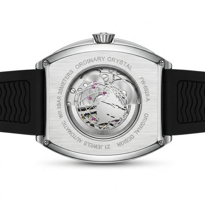 Watch with black strap and silver case on a white background