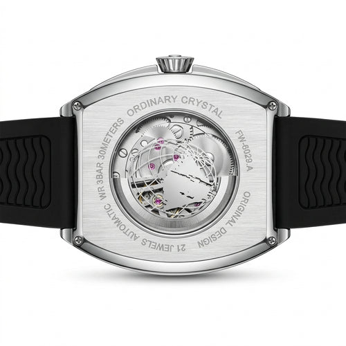 Watch with black strap and silver case on a white background