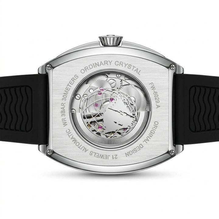 Watch with black strap and silver case on a white background