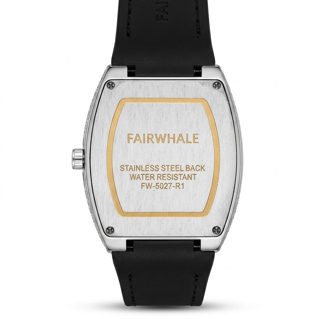 Watch with black strap and silver case displaying 'FAIRWHALE' branding.