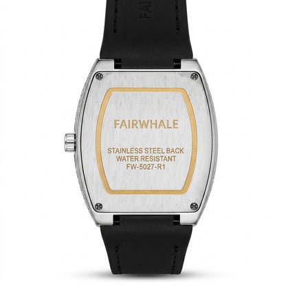 Watch with black strap and silver case displaying &