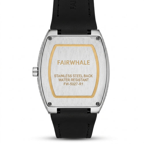 Watch with black strap and silver case displaying &