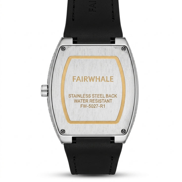 Watch with black strap and silver case displaying &
