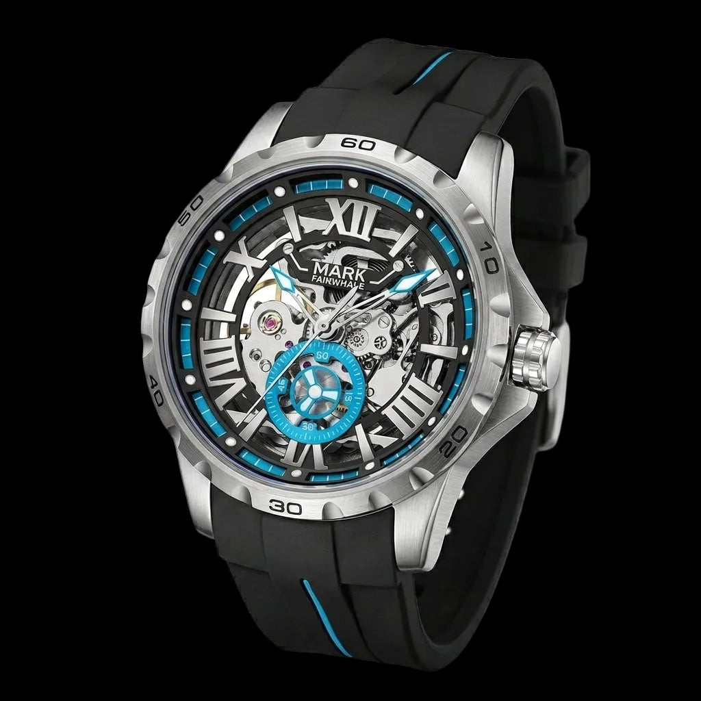 Watch with black strap and silver case on a white background