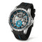 Watch with black strap and silver case on a white background