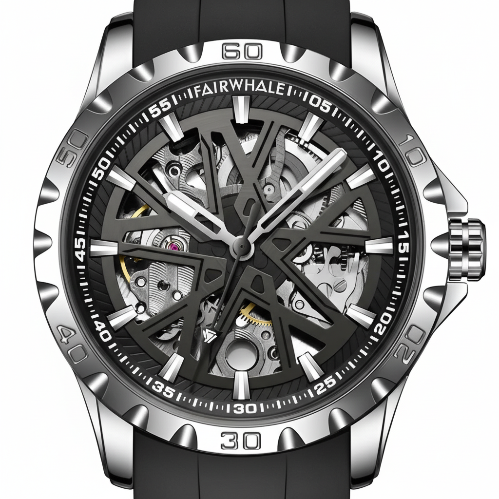 Watch with black strap and silver case on a white background
