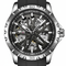 Watch with black strap and silver case on a white background