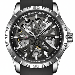 Watch with black strap and silver case on a white background