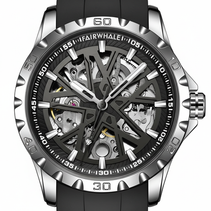 Watch with black strap and silver case on a white background