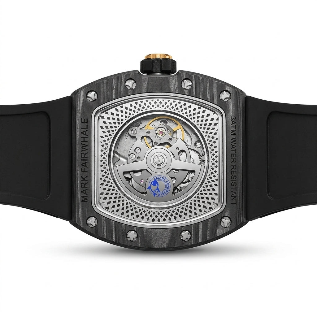 Watch with black strap and visible mechanical components on a white background