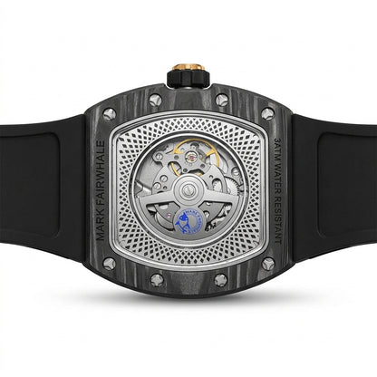 Watch with black strap and visible mechanical components on a white background