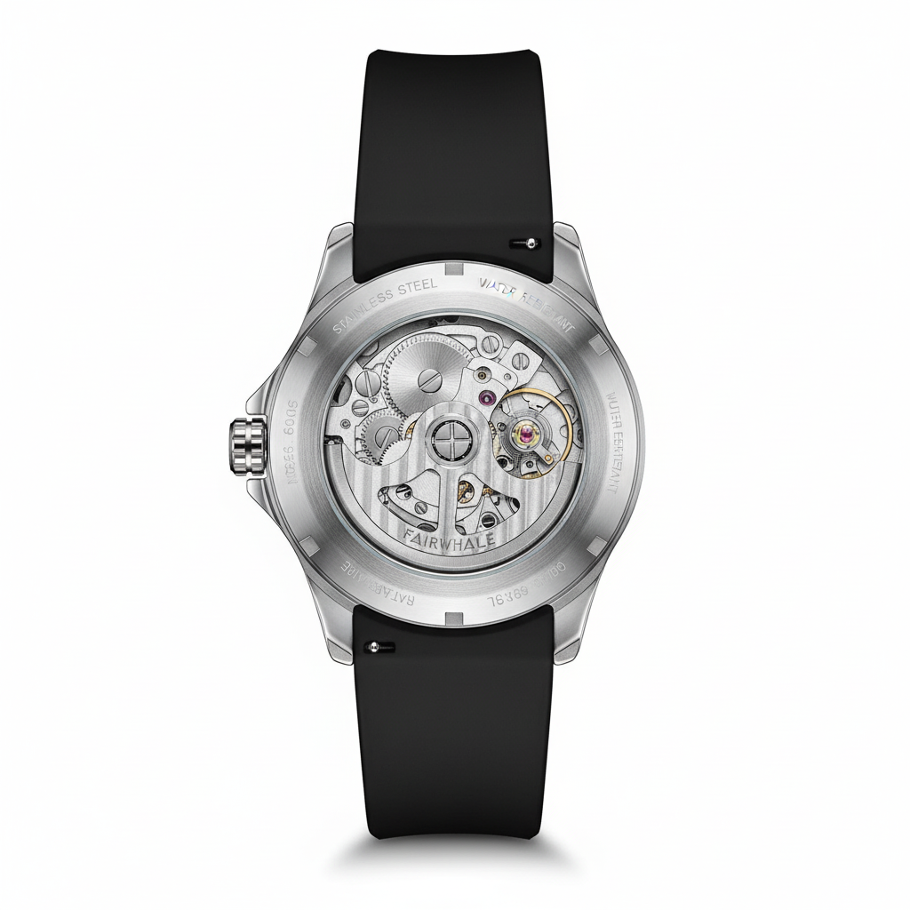 Watch with black strap and visible mechanical components on a white background