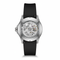 Watch with black strap and visible mechanical components on a white background