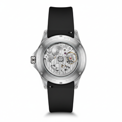 Watch with black strap and visible mechanical components on a white background
