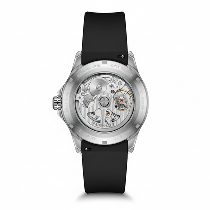 Watch with black strap and visible mechanical components on a white background