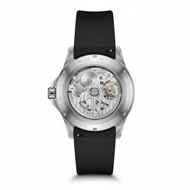 Watch with black strap and visible mechanical components on a white background