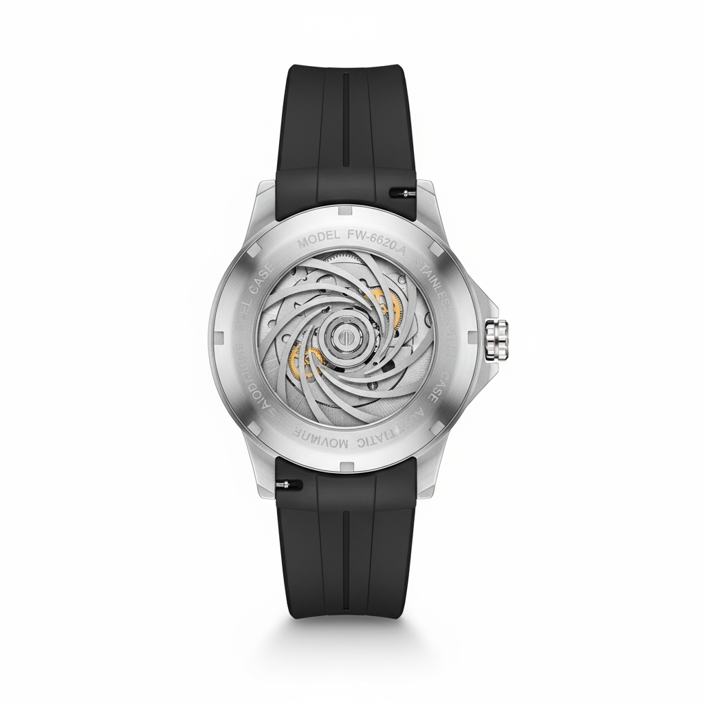 Watch with black strap and visible mechanical movement on a white background