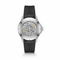 Watch with black strap and visible mechanical movement on a white background
