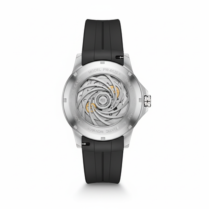 Watch with black strap and visible mechanical movement on a white background