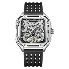 Watch with black strap and transparent case on a white background